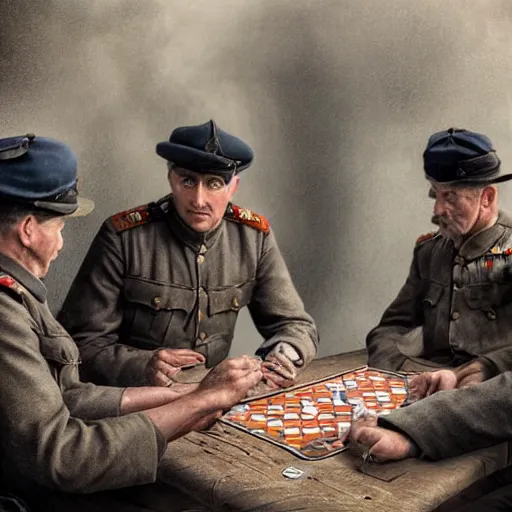 Prompt: A Lieutenant with his men playing cards to calm their nerves before the attack, First World War, realistic, detailed, 4k, HDR, tense, grim