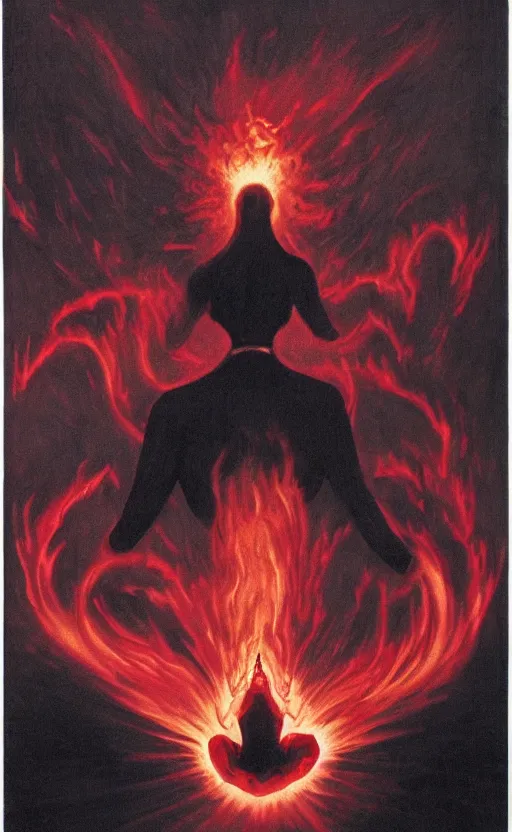 Image similar to Woman made of black flames, wearing a strict business suit, business casual, with no face, with glowing red eyes, with a red halo over her head, by Annie Swynnerton and Nicholas Roerich, madness combat, strong dramatic cinematic lighting , blood red sky, grey skin, smooth, sharp focus, extremely detailed