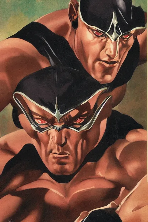 Prompt: close up portrait of strong muscular handsome super villain diabolik, groovy and cool, black zentai and long eyelashes, by j. c. leyendecker, james gurney, gerald brom