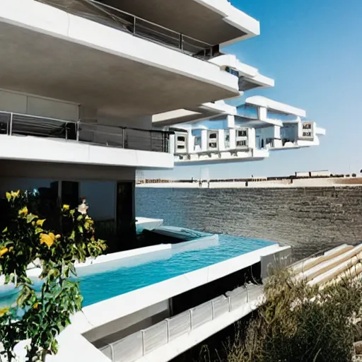 Image similar to habitat 6 7, white lego terraced architecture hotel in the dessert, many plants and infinite pool