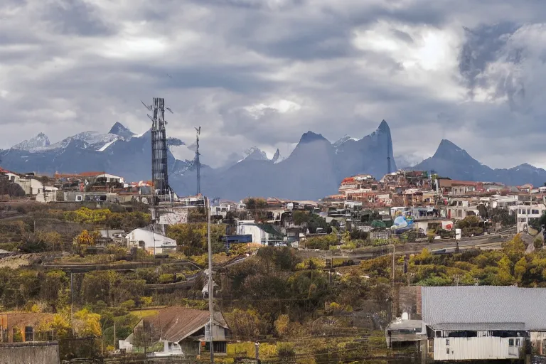 Image similar to warehouses lining a street, with an autumn mountain directly behind, radio tower on mountain, lens compressed, photography