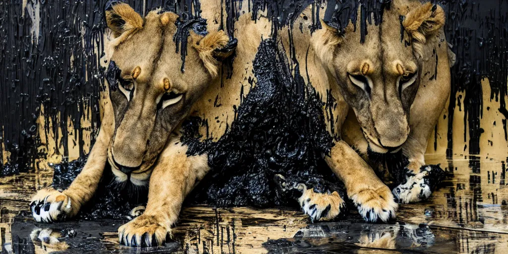 Prompt: the smooth black lioness, made of smooth black goo, in the zoo exhibit, viscous, sticky, full of black goo, covered with black goo, splattered black goo, dripping black goo, dripping goo, splattered goo, sticky black goo. concept art, painting, reflections, black goo, zoo, exhibit