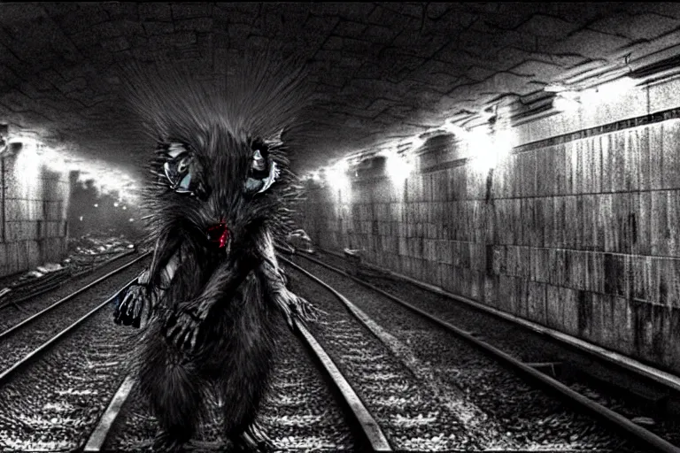 Image similar to very large giant mutant zombie irradiated ( angry rat ) staying on railways in tonnel of moscow subway. tonnel, railways, giant angry rat, furr, fangs, claws, very realistic. fog, extreme long shot, herman nitsch, giger.