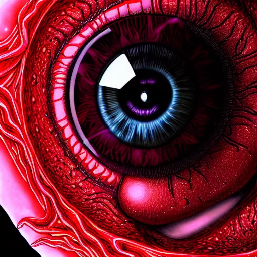 Image similar to a detailed extremely close up of inside the iris, cornea, red image, microscopic, extremely close up drawing by junji ito, cgsociety, generative art, lovecraftian, parallax, cosmic horror, extremely detailed, hyperrealism, unreal engine, octane render, award winning, masterpiece, highly detailed, realistic, 4 k, digital