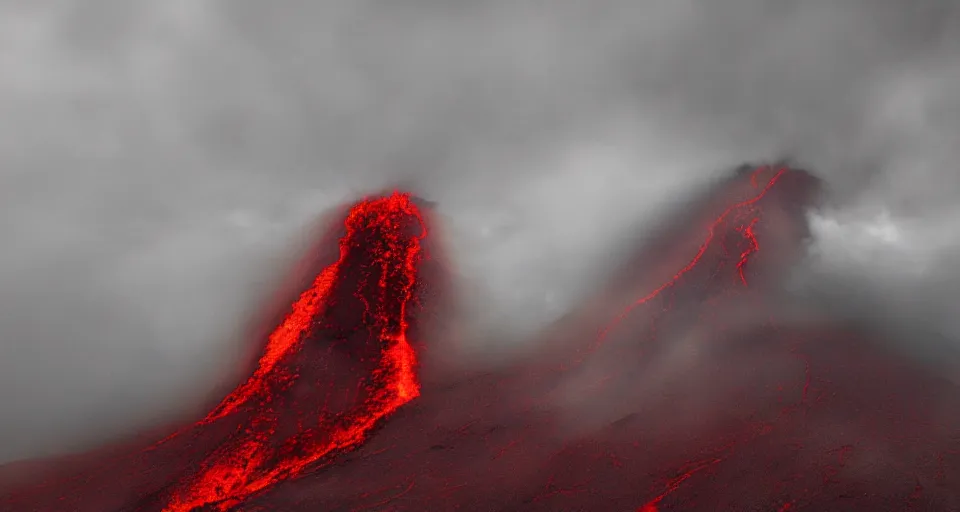 Image similar to a volcano made of ivory vines and crimson rocks enters in eruption, it spits a smoke in the shape of demonic eye, with Cry engine