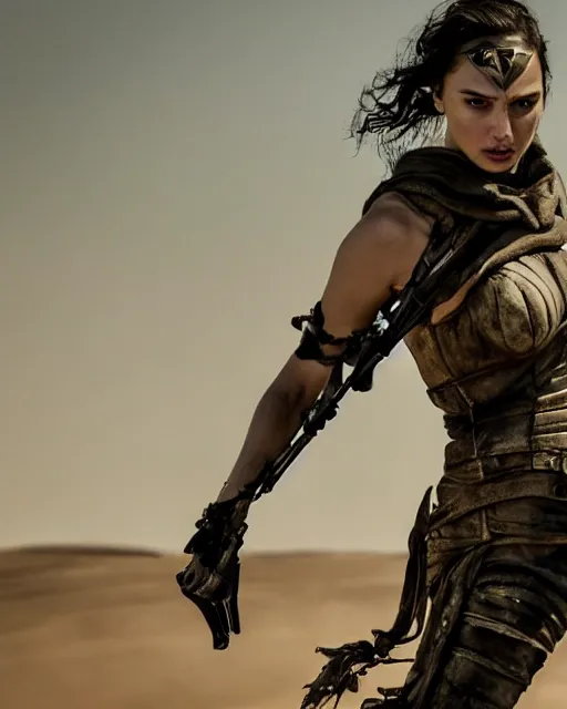 Image similar to photoshoot of gal gadot dressed as imperator furiosa in mad max fury road, photoshoot in the style of annie leibovitz, george miller, alejandro jodorowsky, studio lighting, soft focus 9 mm lens, bokeh