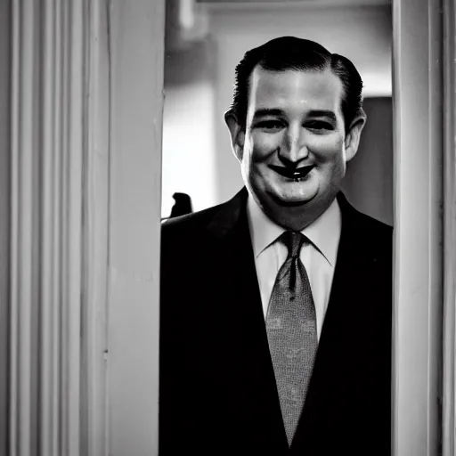 Image similar to Ted Cruz with a wide grin peaking through a door in the distance, black and white, creepy lighting, scary, horror, ornate, eerie, fear