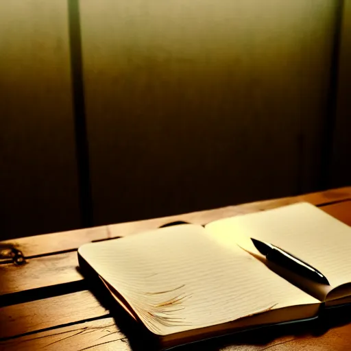 Image similar to highly detailed close up photo of an old worn notebook on wooden table, old table, feather pen, light coming out of near window, moody lighting, dim atmosphere, dust in air