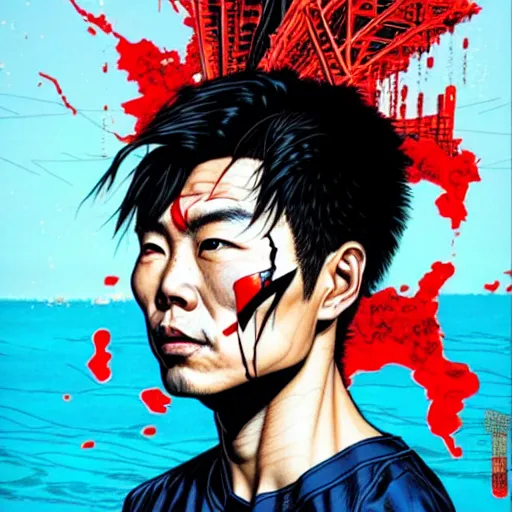 Image similar to a portrait of a chinese man with side profile blood in ocean intricate details by MARVEL comics and Sandra Chevrier-C