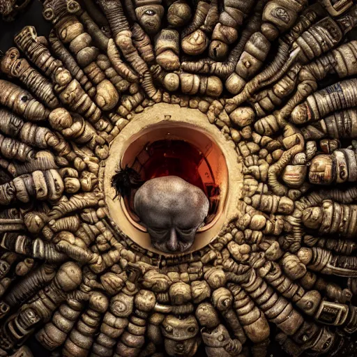 Image similar to human head soup, overhead photography, lens distortion, fisheye!!!!! lens, intricate, foreboding atmosphere, grim lighting, detailed, shot by jimmy nelson and h. r. giger, 4 k, 8 k, photorealism, panoramic photography