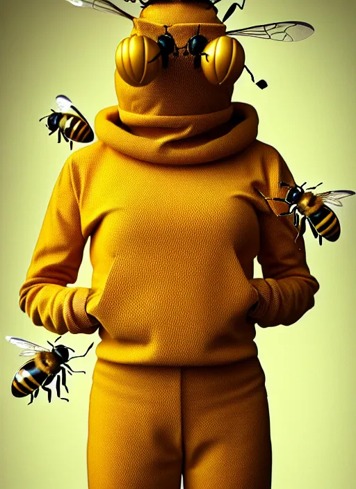 Prompt: photo portrait of Doctor Bee's from Harry Partridge, elegant pose, very detailed, highly detailed Bee themed costume, photorealism, artstation, different point of view, sharp focus, photorealistic, soft diffuse autumn lights, some sunlight ray, dark room wall, canon 5D 50 mm lens, zen natural background