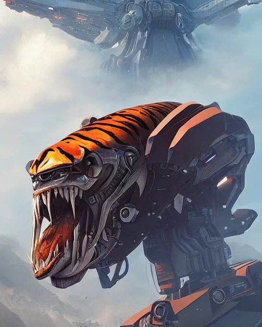 Image similar to mecha tiger, alien base, machines, scifi, visible tiger fangs, atmosphere, cinematic, artstation, highly detailed, art by amir zand and max schiller