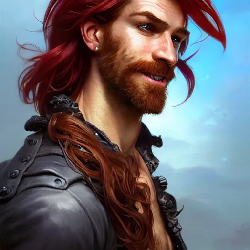 Image similar to portrait of a young ruggedly handsome but joyful pirate, male, masculine, upper body, red crimson hair, long hair, fantasy, devious smirk, intricate, elegant, highly detailed, digital painting, artstation, concept art, matte, sharp focus, illustration, art by artgerm and greg rutkowski and alphonse mucha