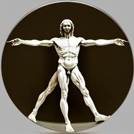 Prompt: Da Vinci's Vitruvian Man as a marble sculpture by Michelangelo, 4k, hyperrealistic, detailed, accurate anatomy, octane render, studio lighting