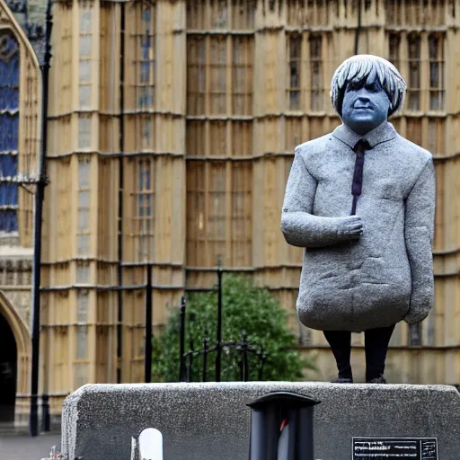 Prompt: a stone sculpture of boris johnson on a plinth outside the houses of parliament