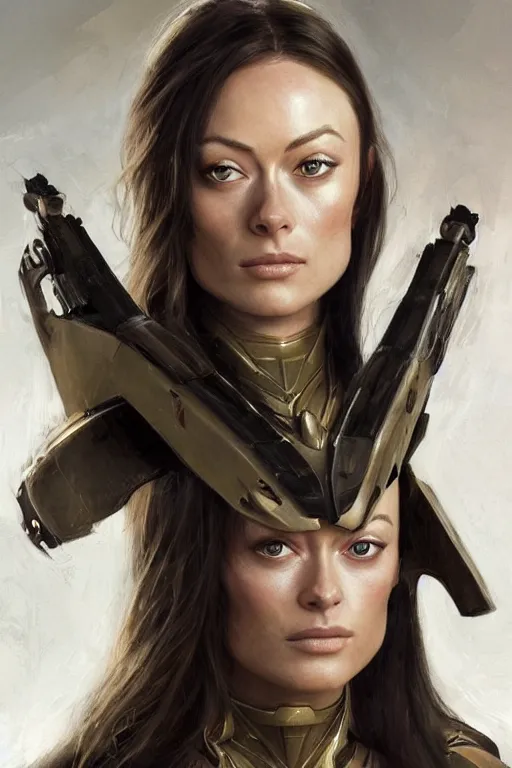 Image similar to a professional painting of a young Olivia Wilde, clothes in military armor, olive skin, long dark hair, beautiful bone structure, symmetrical facial features, intricate, elegant, digital painting, concept art, smooth, sharp focus, illustration, from StarCraft by Ruan Jia and Mandy Jurgens and Artgerm and William-Adolphe Bouguerea