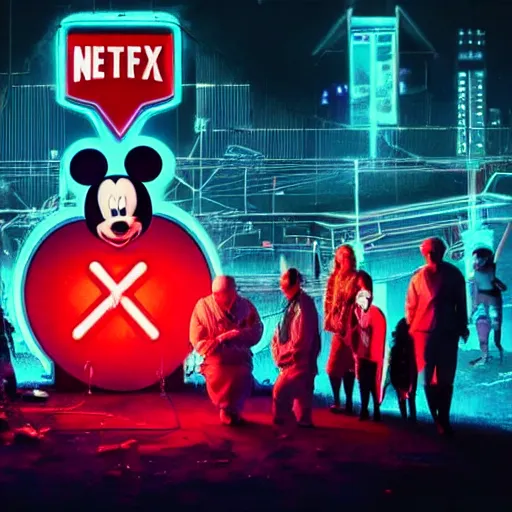 Image similar to a group of people standing around a giant bloody wounded head of mickey mouse, neon netflix logo, cyberpunk art by david lachapelle, cgsociety, sots art, dystopian art, reimagined by industrial light and magic, dark obscure neon concept art