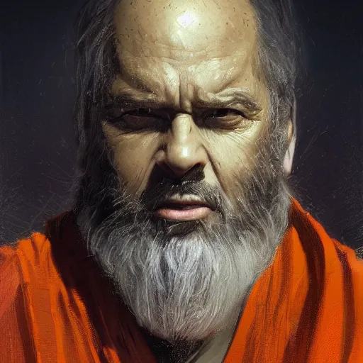 Image similar to portrait of a man by Greg Rutkowski, a Jedi Master in his 60s, Arab features and olive skin, long black hair and beard, wise appearance, orange robes, Star Wars Expanded Universe, he is about 60 years old, highly detailed portrait, digital painting, artstation, concept art, smooth, sharp foccus ilustration, Artstation HQ