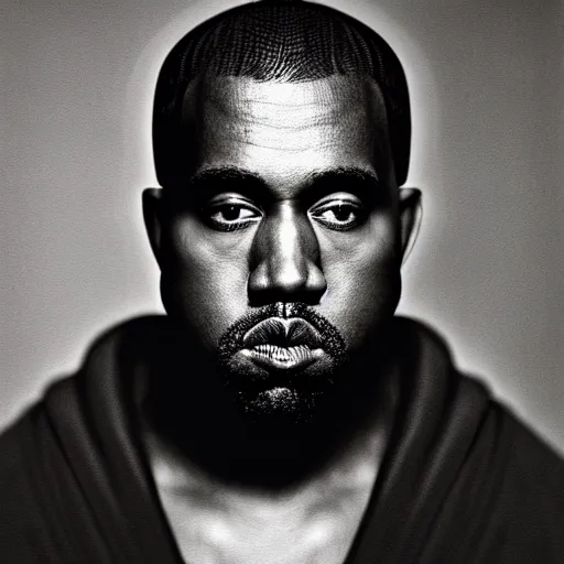 Image similar to a chiaroscuro lighting portrait of kanye west dressed as rick owens, black background, portrait by julia margaret cameron, shallow depth of field, 8 0 mm, f 1. 8