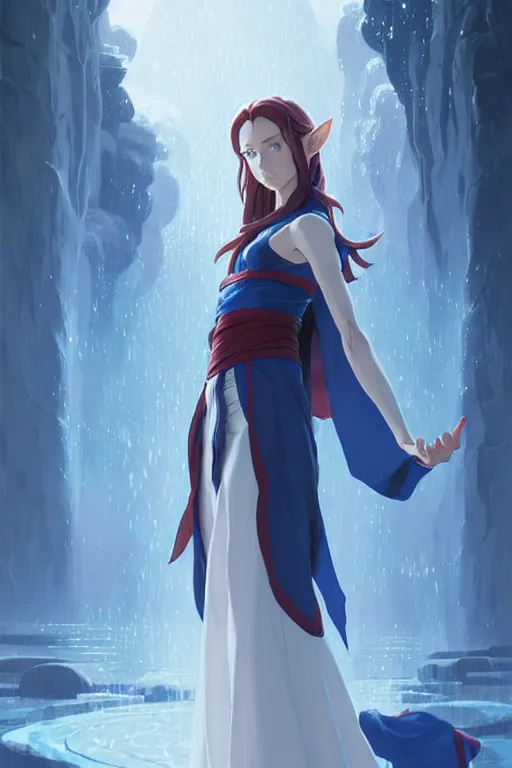 Image similar to elf female sorcerer doing water magic spells, blue robes, red hair, finely detailed perfect face, exquisite details, mid view, design on a white background, by studio muti, greg rutkowski makoto shinkai takashi takeuchi studio ghibli