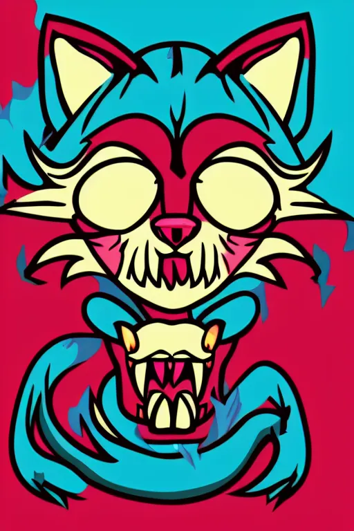 Prompt: Evil kitten, the devil, sticker, blood thirsty, spawn of Satan, burning in hell, blood, evil, colorful, illustration, highly detailed, simple, smooth and clean vector curves, no jagged lines, vector art, smooth