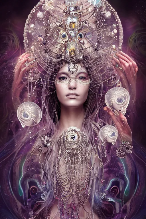 Image similar to a centered render of an mystical wild goddess with wearing ornate silver and gemstones and crystal clothing surrounded by flowing liquid gallium jellyfish and sacred geometry, perfect body and face, gorgeous, cinematic, beautifully lit, by alberto seveso, by zack snyder, by cory loftis, 3 d, trending on artstation, octane render, 8 k