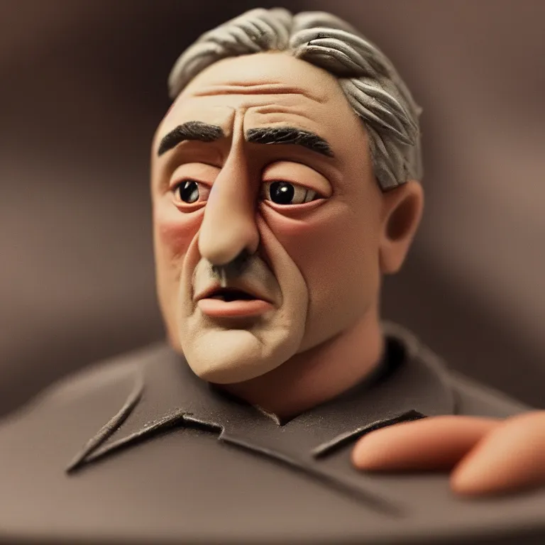 Image similar to a cinematic film still of a claymation stop motion film starring robert de niro, portrait, shallow depth of field, 8 0 mm, f 1. 8