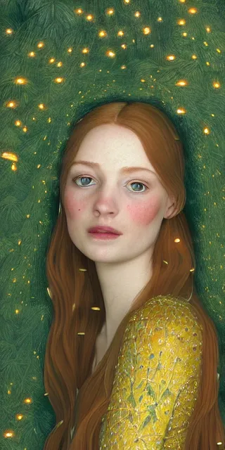 Image similar to a totally enraptured smiling young woman surrounded by golden firefly lights in a mesmerizing scene, sitting amidst nature fully covered! intricate detailed dress, long loose red hair, precise linework, accurate green eyes, small nose with freckles, beautiful smooth oval head, expressive emotions, hyper realistic ultrafine portrait by artemisia gentileschi, jessica rossier, boris vallejo