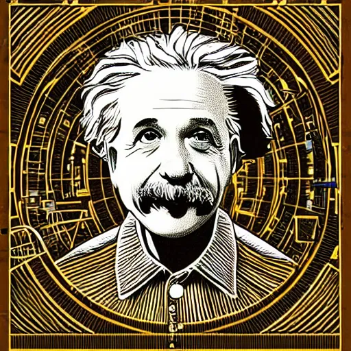 Image similar to portrait of albert einstein in front of a space - time diagram, by laurie greasley