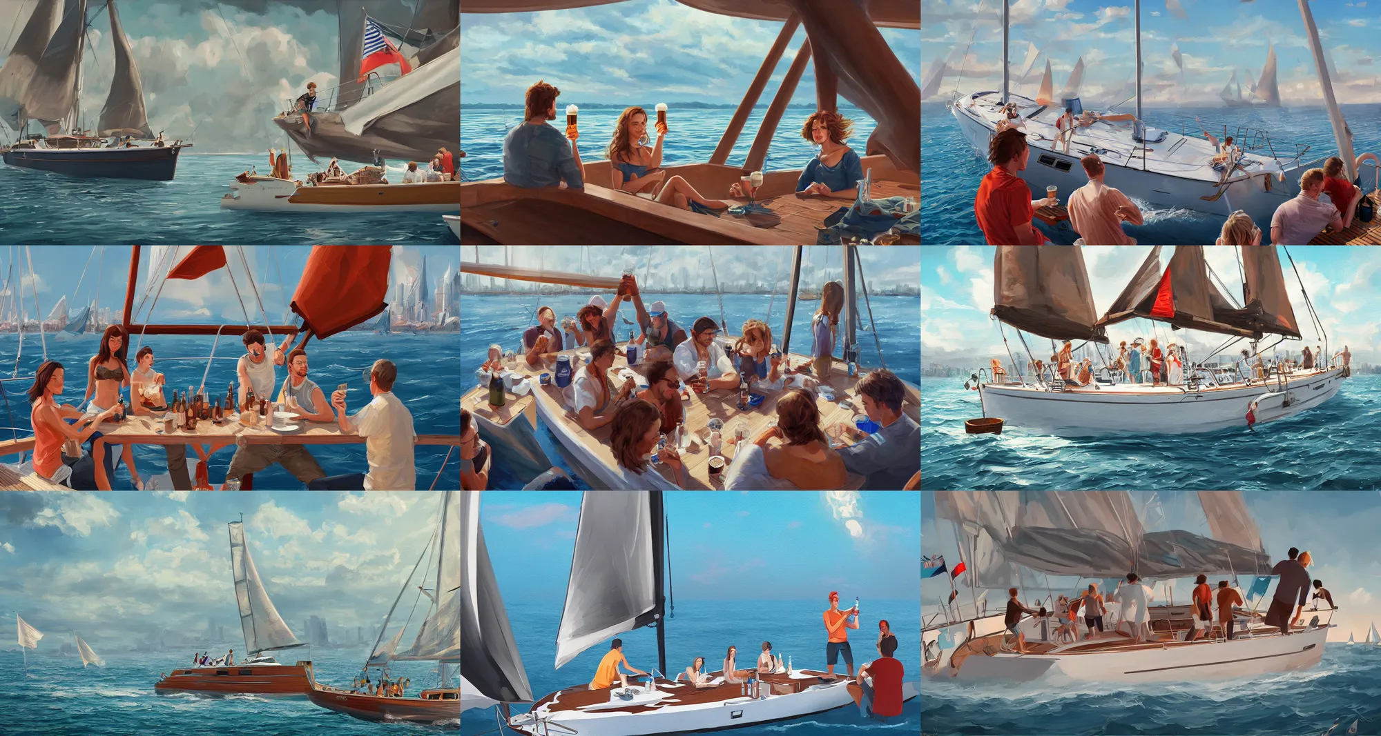 Prompt: people drinking beer on a sailboat, highly detailed, digital painting, artstation, concept art, matte, sharp focus, illustration