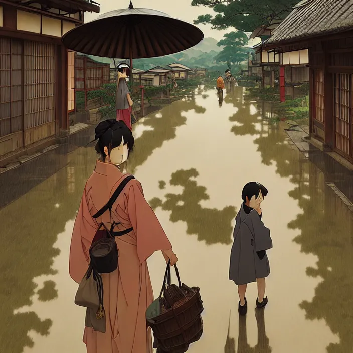 Image similar to japanese rural town, rain, in the style of studio ghibli, j. c. leyendecker, greg rutkowski, artem