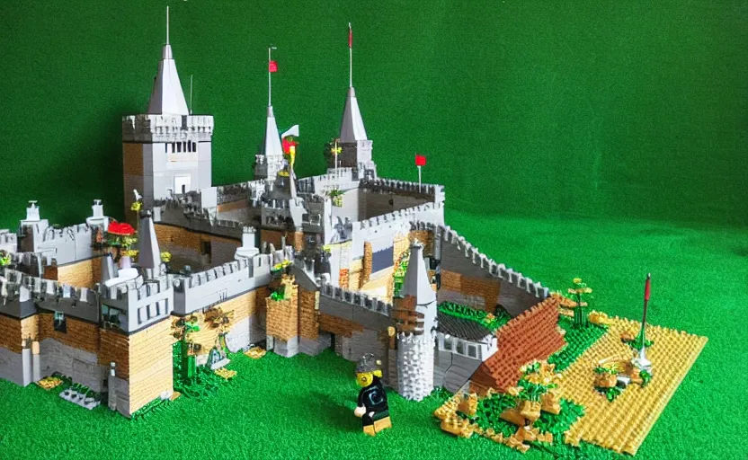 Prompt: a realistic detailed accurate Lego set of a medieval French castle on a forested green hill