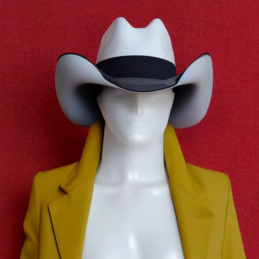 Prompt: [high tech cowboy hat in futuristic colours and fabrics, object design, couture]