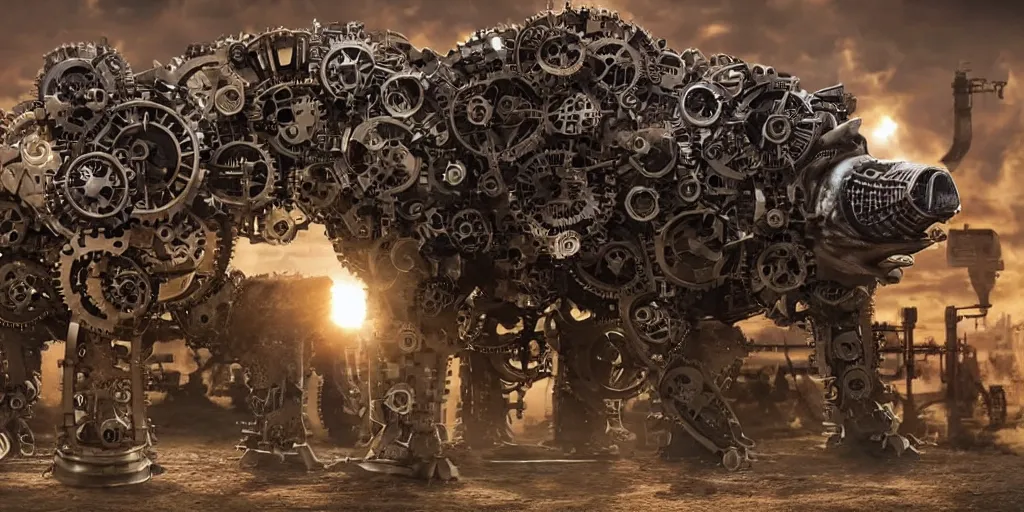 Prompt: a photo of a giant mechanical pig with gears and pistons, steam and wires, robot pig the size of a small building, in the style of a blockbuster film