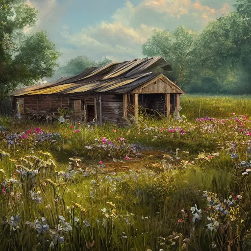 Prompt: a matte painting of a midwestern countryside, shack close up, very overgrown, patchy flowers, oil painting, pale colors, high detail, 8 k, wide angle, trending on artstation,