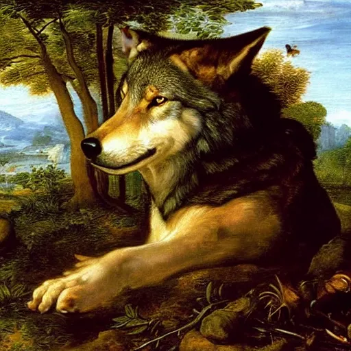 Prompt: A portrait of a wolf, by Jan Brueghel the Elder, Thomas Cole, and Carl Friedrich Deiker