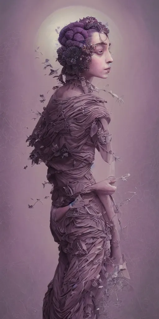 Image similar to a beautiful hyperrealistic solarpunk portrait pose of a stunning model in a striped mauve-and-soot dress, intricate, elegant, highly detailed, smooth, sharp focus, award-winning, masterpiece, in the style of Tom Bagshaw, Cedric Peyravernay, Peter Mohrbacher