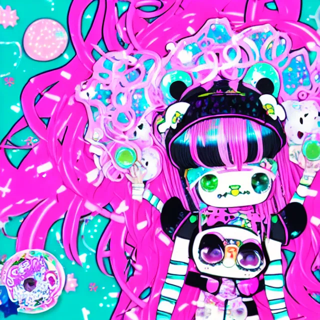 Image similar to cybergoth decora glitchcore yokai girl, sanrio ornaments, pastel cute cinematography