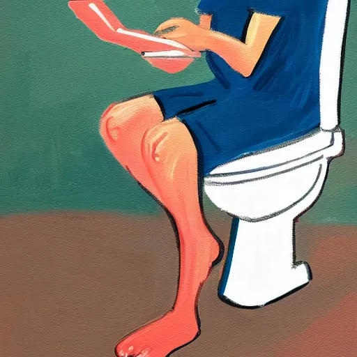 Prompt: painting of a person sitting on toilet scrolling through social media, sad, boring