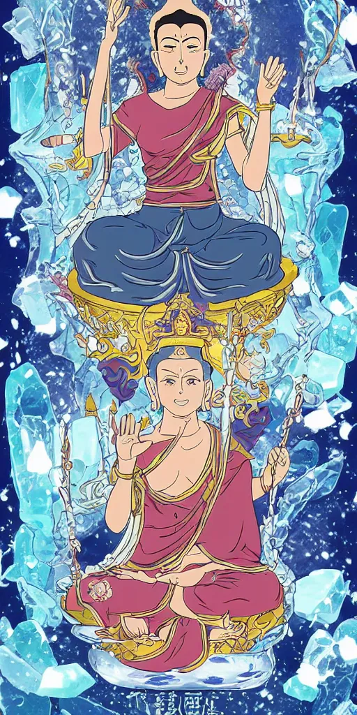 Image similar to buddha sitting on a throne of ice drawn by studio trigger, in the style of Little Witch Academia, spiritual enlightenment, tarot card