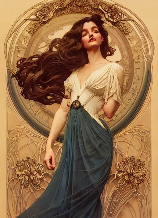 Image similar to leyendecker, michael whelan, beautiful french woman with long wavy hair, graceful arms, jewels, flowers, art nouveau, stephen bliss, unreal engine, by greg rutkowski, loish, ferdinand knab, ilya kuvshinov, rossdraws, tom bagshaw, alphonse mucha, global illumination, radiant light