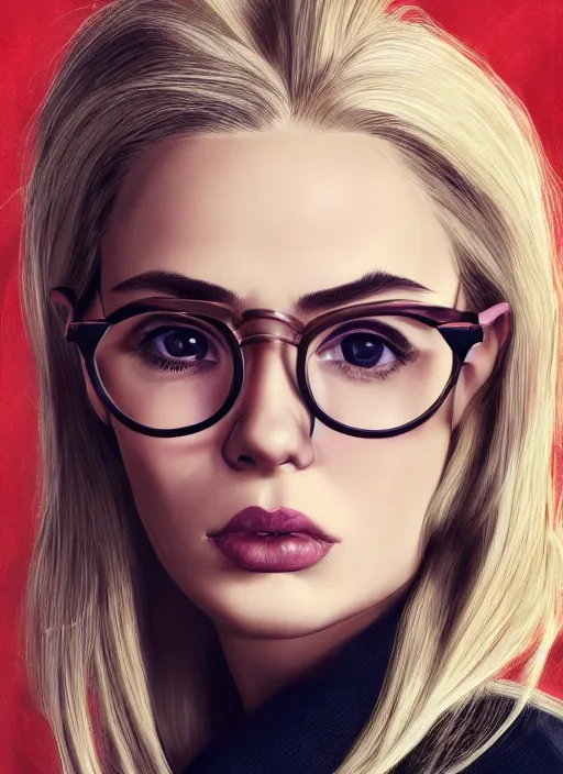 Prompt: a french woman with blonde hair tied in a strict bun, spectacles, lots of makeup, rich, character portrait, digital art, high quality, 8 k, detailed, d & d character,