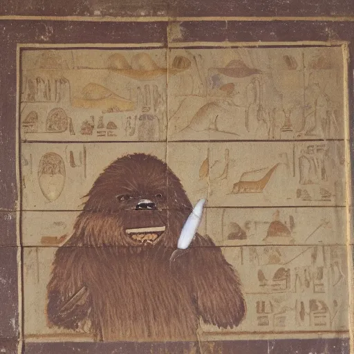 Prompt: An ewok eating a lollipop, Ancient Egyptian mural