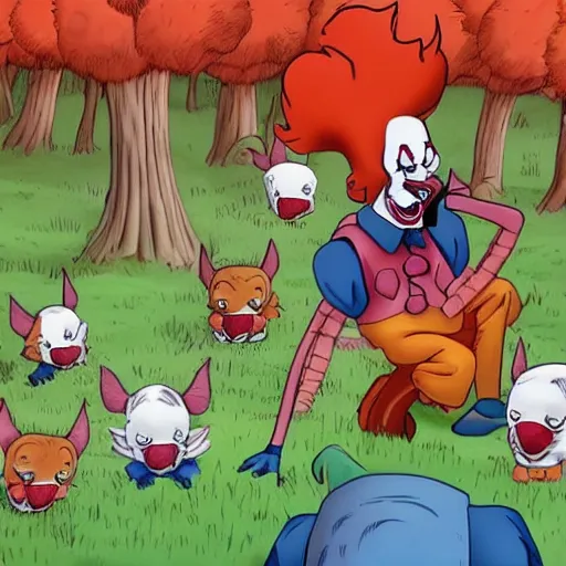 Prompt: Pennywise and his gang of cartoon forest animals