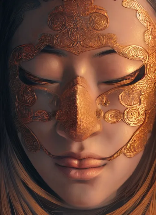 Image similar to a beautiful detailed oil on copper art illustration of a japanese samurai mask woman, centered, by charlie bowater, zeng fanzh, trending on artstation, vivid colors, dim dusk lighting, cinematic lighting, detailed lighting, volumetric lighting, realistic, f 8, 4 k hd wallpaper