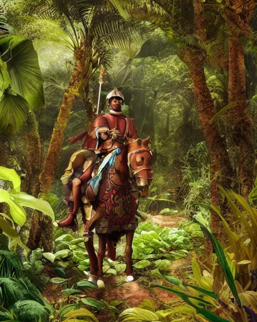 Prompt: 3d render of a spanish conquistador in a dense jungle, art by nicola saviori and studio ghibli