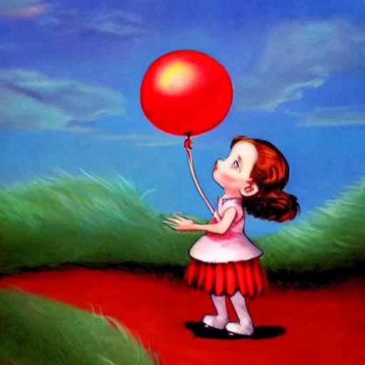 Prompt: fantasy painting of a little girl holding a red balloon by dr seuss | horror themed | creepy