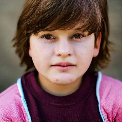 Image similar to closeup portrait of 8 year old boy, thick lips, very pink face, thin eyebrows, short light brown hair, facebook post