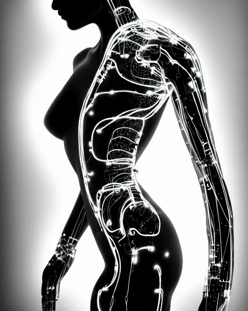 Prompt: black and white artistic photo, full figure, young female cyborg - vegetal, microchip, artificial intelligence, bio - mechanical bio - luminescence, black wired cables, cinematic, rim light, photo - realistic, 8 k