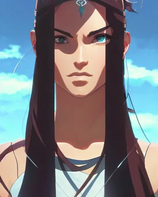 Prompt: azctec archer, megan fox, gemstone forehead, detailed perfect face, exquisite details, fire magic, mid view, design on a white background, by studio muti, greg rutkowski makoto shinkai takashi takeuchi studio ghibli